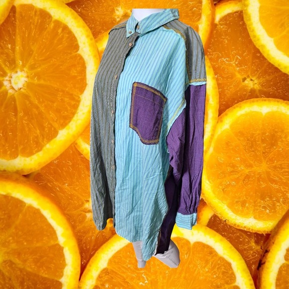 Intimately Free People Patchwork Button‎ Down Shirt Striped Plaid M - Picture 1 of 10